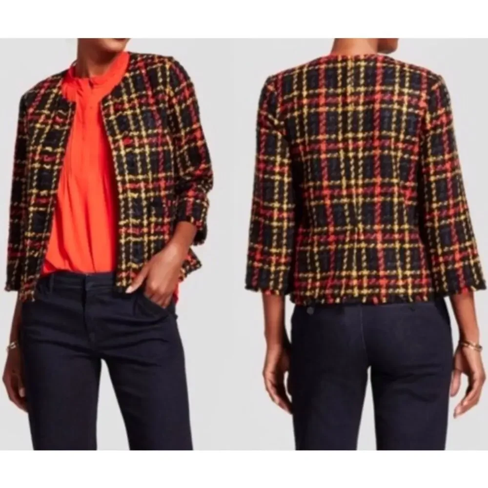 Tweed Bouclé Lady Jacket Fall Winter Blazer Plaid Black Orange-Red Yellow Size S